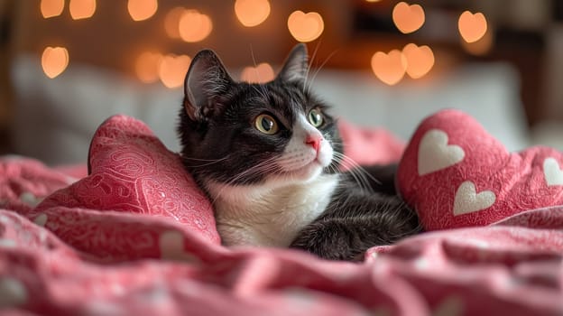 A black and white cat resting on pink bed with heart shaped pillows, surrounded by soft bokeh lights, exuding cozy and warm atmosphere