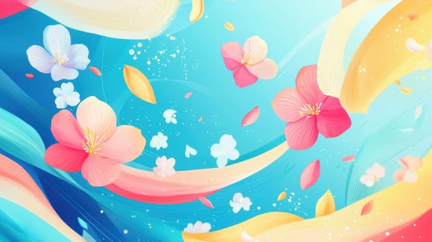 Dynamic shapes resembling flower petals float gracefully against a pastel blue backdrop, evoking a sense of spring freshness and movement. perfect for promotional content that emphasizes vibrancy, energy, and the essence of spring.