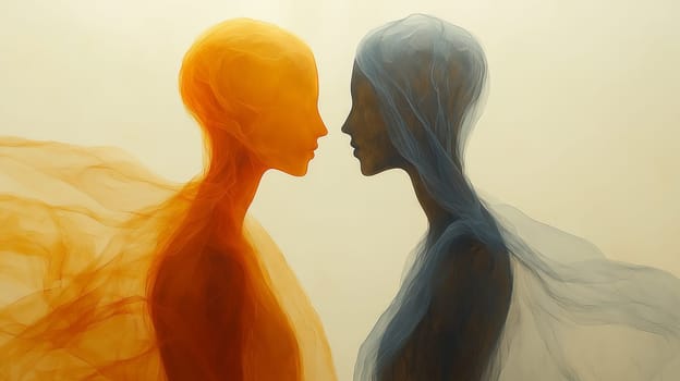 Two translucent abstract figures, one in orange and the other in blue, face each other with flowing textures, symbolizing contrast and connection.