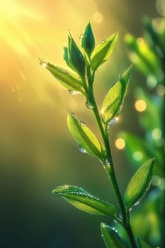 Close-up of vibrant green leaves sprouting on a tree branch adorned with morning dew, set against a softly lit bokeh background. sunlight filters through, the fresh, natural beauty, ideal for nature-themed designs and projects.