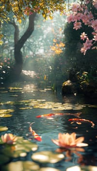 A peaceful garden scene featuring a koi pond surrounded by lily pads and vibrant flowers. gentle sunlight casts soft reflections on the water, creating a serene and refreshing atmosphere, ideal for calming and nature-inspired backgrounds.