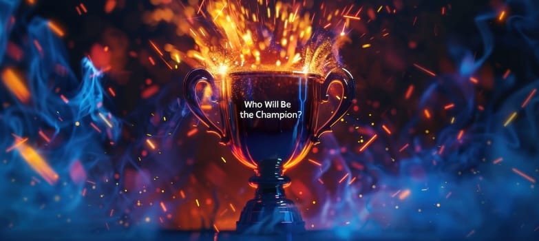 Vibrant poster featuring dramatic lighting and a radiant golden trophy, complemented by the impactful tagline "who will be the champion," ideal for promoting quiz competitions and engaging viewers in a competitive atmosphere.