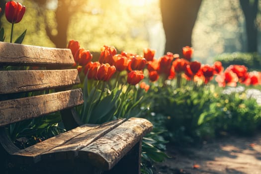 A rustic wooden bench sits in a vibrant spring garden, surrounded by colorful tulips and lush green leaves. soft sunlight casts gentle shadows, creating a serene and inviting atmosphere, perfect for seasonal commercial use.