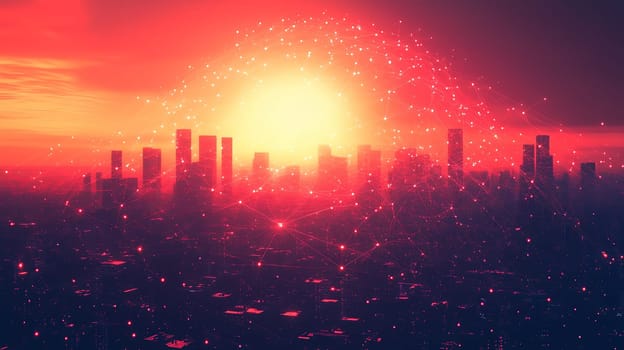 Abstract cityscape with glowing red data networks, illuminated buildings, and a bright sun, symbolizing technology and futuristic innovation.