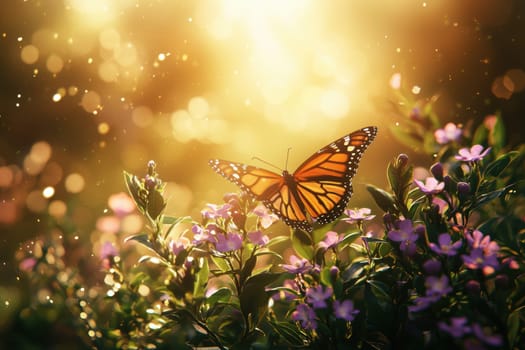 Monarch butterfly perched on a vivid purple flower, surrounded by lush green foliage. warm sunlight creates a soft, glowing atmosphere, capturing the essence of spring. ideal for use in serene nature backgrounds or seasonal designs.