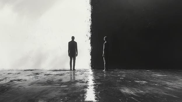 Two human silhouettes, one dark and one light, stand facing each other on a sharply divided black-and-white surface, symbolizing duality and contrast.
