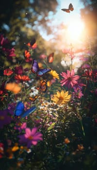 A lush butterfly garden filled with a diverse array of colorful flowers and vivid butterflies basking in bright sunlight. perfect for spring-themed projects, this lively scene offers a burst of natural beauty and vibrant colors.
