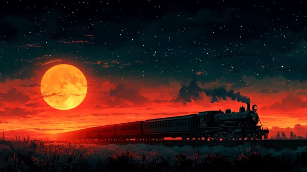 A vintage train silhouette traveling at dusk with a glowing full moon and red sky, surrounded by stars.
