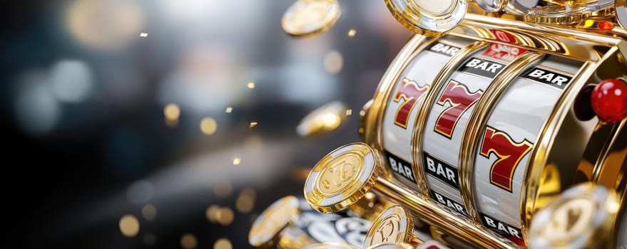Gambling allure: a dynamic blend of casino elements featuring poker, roulette wheels, chips, and 777, capturing the essence of high-stakes gaming, strategic play, and the pursuit of fortune.