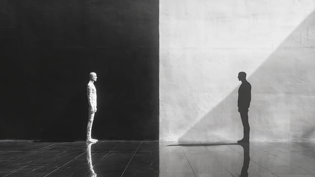 A dark and light human figure face each other, separated by a sharp black-and-white division, symbolizing duality, contrast, and balance.