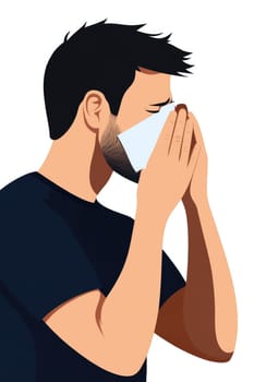 Sick individual moment: sneezing act, tissue aid, mask barrier, virus defense, cold relief, respiratory concern, illness prevention, germ reduction, personal care, seasonal condition response