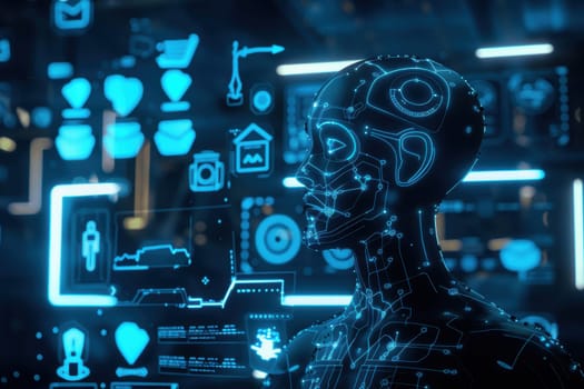 A cutting-edge holographic quiz interface featuring glowing blue buttons and a 3d avatar poised for interaction. set against a dark, sci-fi inspired background, this image embodies advanced technology and immersive digital experiences.