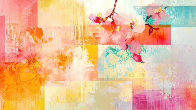 Vibrant abstract spring design featuring pastel color blocks and textured floral patterns. ideal for creating eye-catching promotional content that embodies the freshness and excitement of the spring season.
