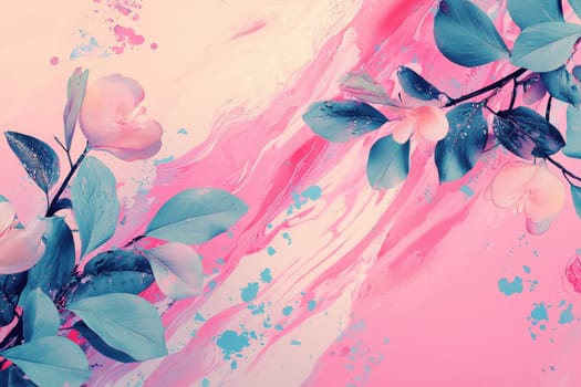 Dynamic spring-themed design featuring vibrant pastel paint splashes and subtle floral silhouettes. the lively composition creates a fresh and energetic look, ideal for engaging and colorful seasonal advertisements or creative projects.