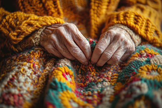 A Warm hands of elderly person gently holding colorful knitted blanket, showcasing beauty of craftsmanship and comfort