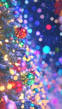 A vibrant holiday scene featuring a beautifully decorated christmas tree adorned with colorful lights and snowflakes. cheerful characters in festive attire surround the tree under a starry winter sky, capturing the joy and magic of the season.