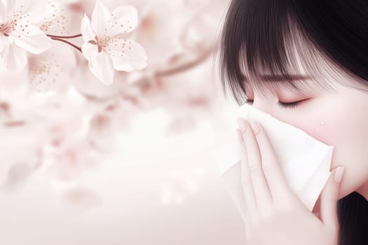 Seasonal allergy illustration: blooming plant, pollen spread, irritated eye, nasal discomfort, immune reaction, springtime issue, airborne allergen, sensitive response, sneezing symptom