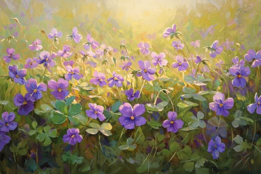 Violets and clover bloom vibrantly in a sunlit meadow, the intricate details of spring foliage. warm sunlight filters through the leaves, creating a serene and picturesque natural scene suitable for nature photography or seasonal designs.