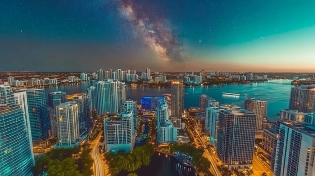 A stunning aerial view of a vibrant city skyline at dusk, showcasing modern skyscrapers and a shimmering waterfront. The night sky is filled with stars and the Milky Way, creating a breathtaking contrast with the city lights.