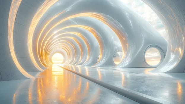 A futuristic interior with smooth, flowing architecture and glowing light creates serene atmosphere