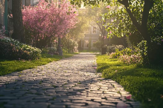 Cobblestone pathway in a city park during spring, lined with pink blooming trees and vibrant green grass. sunlight filters through the branches, enhancing the tranquil, inviting ambiance of this scenic urban landscape.