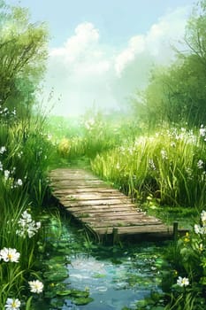 Tranquil marshland scene featuring lush greenery, tall reeds, and a variety of colorful wildflowers. a rustic wooden bridge crosses the serene water, surrounded by vibrant foliage, under a gently clouded sky, evoking a peaceful ambiance.
