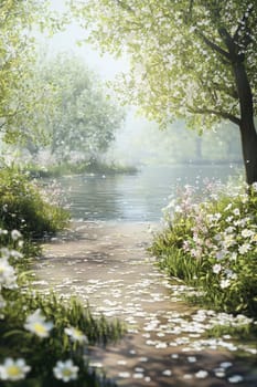 Serene riverside path lined with vibrant wildflowers and fresh spring greenery, offering a peaceful ambiance. gentle water ripples add to the calm, ideal for nature-themed designs or as a soothing backdrop.