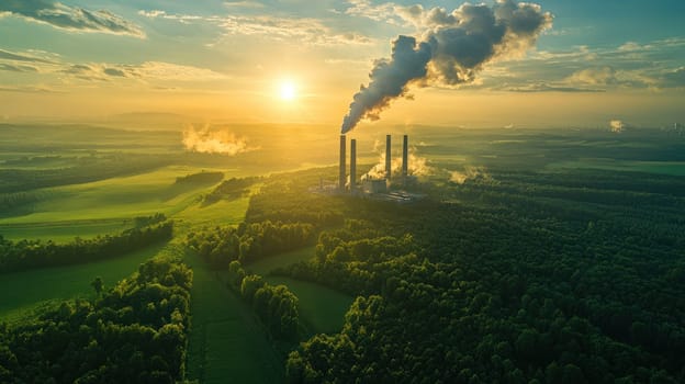 An Aerial view of power plant emitting smoke at sunset over green fields
