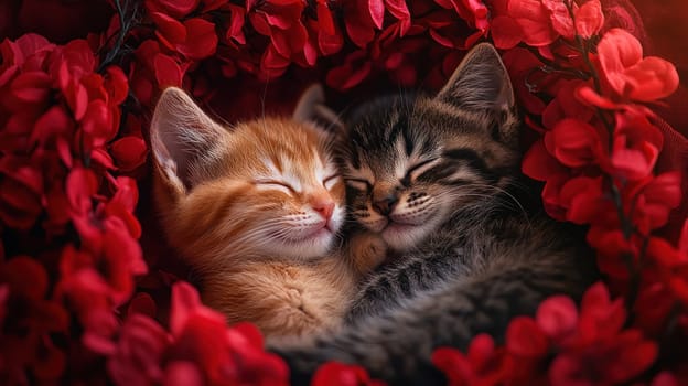 A Curled up together, two adorable kittens rest peacefully in bed of vibrant flowers, radiating warmth and tranquility