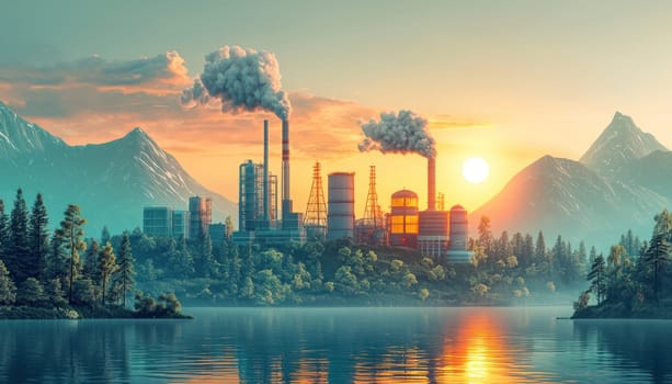 A serene landscape featuring power plant with smokestacks, mountains, and lake at sunset. scene captures contrast between nature and industry