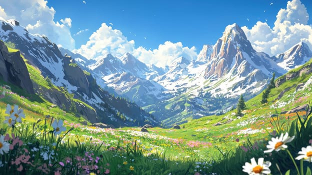 Breathtaking mountain landscape in spring, featuring snow-capped peaks with melting snow, vibrant blooming meadows, and a clear blue sky. ideal for an adventurous and refreshing spring-themed background, emphasizing natural beauty.