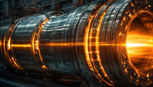 A Powerful beams of light emanate from complex industrial machine, showcasing advanced technology and engineering marvels
