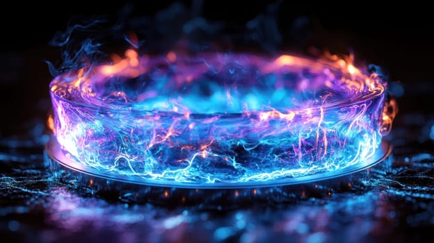 A vibrant display of blue and purple plasma swirling in glowing circular formation, creating mesmerizing visual effect