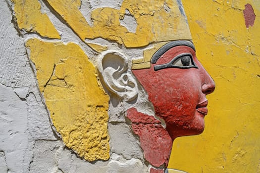 Ancient Egyptian mural: divine figure, pharaoh imagery, sacred artwork, royal icon, historical depiction, religious art, cultural heritage, hieroglyphic style, symbolic representation, regal painting