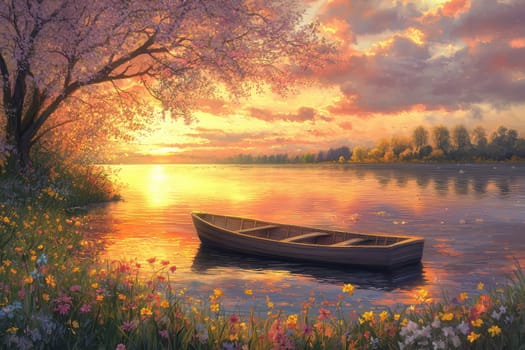 A tranquil lakeside view during sunset featuring a wooden rowboat. vibrant spring flowers bloom along the shore, complemented by soft reflections on the water, and a romantic, serene atmosphere under a colorful sky.