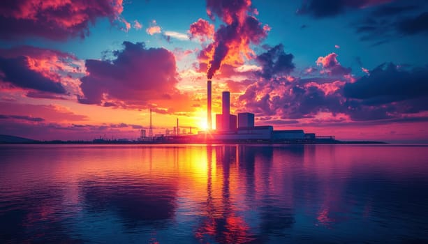 A sleek modern fusion power plant silhouetted against vibrant sunset, reflecting on calm waters, creates stunning visual experience