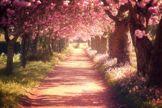 A picturesque countryside trail lined with blooming trees and vibrant flowers. warm sunlight casts long shadows on the dirt path, creating a serene and nostalgic atmosphere perfect for a springtime scene.