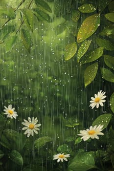 Tranquil spring scene featuring gentle rain falling over a dense forest. raindrops glisten on vibrant green leaves and blooming wildflowers, the refreshing beauty of nature and the renewal of life.