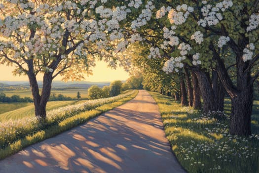 A serene country road, flanked by blossoming trees and lush green fields, basking in the warm glow of a sunrise. long shadows stretch across the landscape, evoking feelings of nostalgia and tranquility, perfect for natural-themed designs.