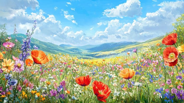 Lush field of wild poppies and diverse spring flowers beneath a vivid blue sky, embodying the essence of spring. ideal for commercial designs, invoking joy and freshness through natural beauty and vibrant colors.