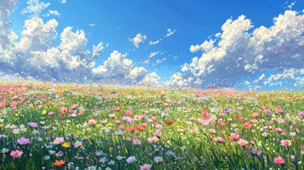 A breathtaking wildflower field stretches beneath a bright blue sky dotted with fluffy clouds, creating a vibrant and cheerful spring atmosphere. the lush green grass and colorful blooms evoke renewal and joy, perfect for seasonal designs.