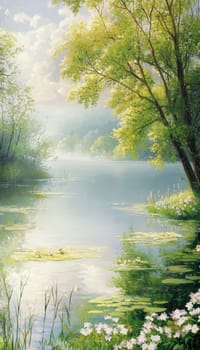 Serene countryside setting with a tranquil lake surrounded by lush green trees and blooming flowers. morning mist enhances the peacefulness, with gentle reflections on the water creating a calming atmosphere perfect for spring.