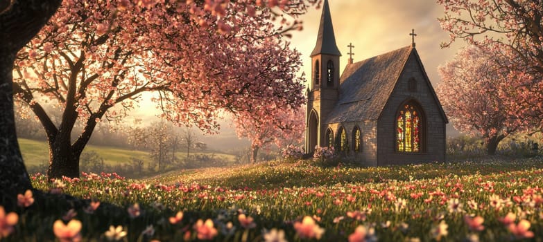 A picturesque village church nestled amid blooming trees and vibrant spring flowers, illuminated by gentle sunlight. the serene scene offers a peaceful and charming setting, ideal for themes of tranquility and natural beauty.