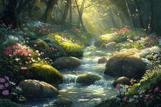 Serene forest scene with a gentle stream winding through moss-covered rocks, surrounded by blooming spring flowers. sunlight filters through the lush canopy, creating a tranquil atmosphere ideal for nature-themed designs and prints.