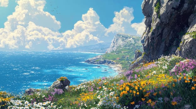 A vibrant spring coastal scene featuring rocky cliffs and lush wildflowers along the shore. the bright blue ocean stretches into the distance, offering a picturesque view ideal for expansive and serene backgrounds.