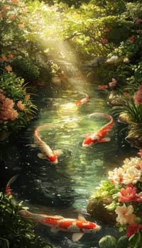 A serene garden scene featuring a pond with colorful koi fish, surrounded by vibrant blooming flowers and lush greenery. sunlight reflects off the water, creating a peaceful ambiance, ideal for nature-themed designs or relaxation concepts.