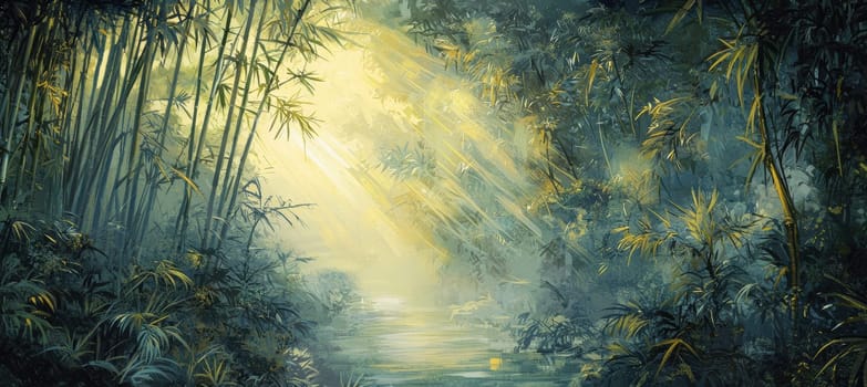 Misty morning light filters through towering bamboo in a spring forest, fresh shoots and creating a serene atmosphere. the soft sunlight casts gentle shadows, enhancing the exotic and peaceful nature of the scene.