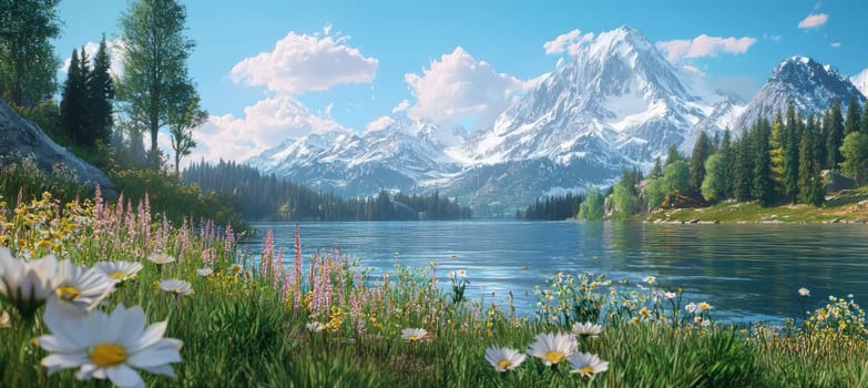 Scenic view of a mountain lake surrounded by fresh greenery and vibrant wildflowers. snow-capped peaks rise in the background, creating a breathtaking and invigorating landscape perfect for outdoor adventure and springtime inspiration.