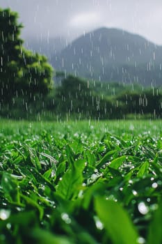 A gentle spring rain refreshes a lush green field, enhancing the vibrant hues of fresh leaves. tiny droplets glisten in the foreground, with majestic mountains shrouded in mist as a serene backdrop, offering a tranquil nature scene.