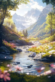 A serene mountain stream flows through vibrant spring foliage, with sunlight sparkling on the water. blooming flowers line the shore, creating a peaceful and picturesque natural scene amid lush greenery and towering trees.